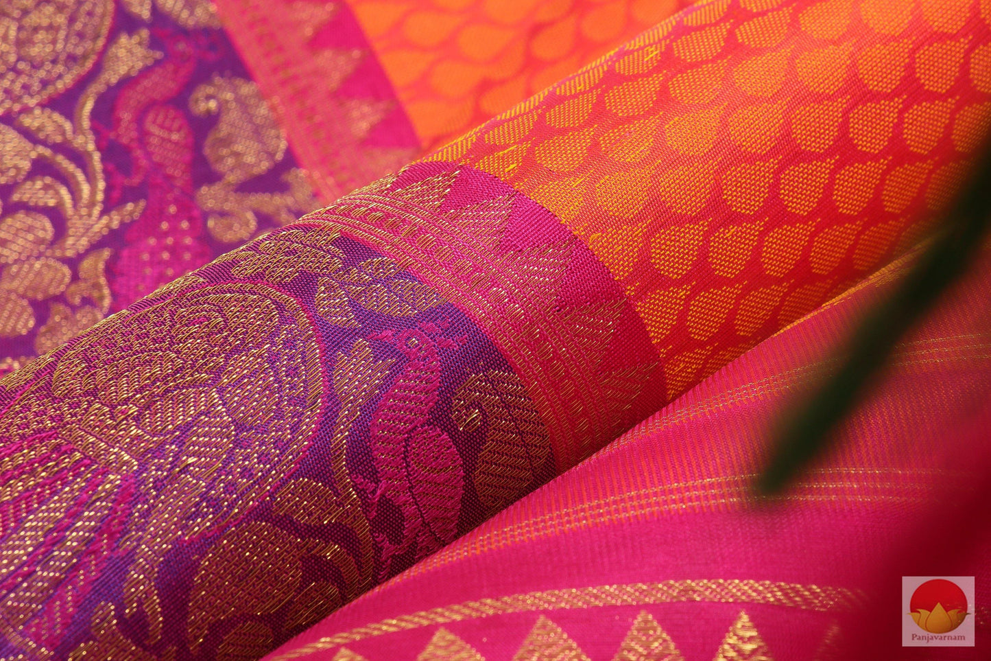Kanchipuram SIlk Saree - Handwoven Pure Silk Saree - Orange & Purple Jacquard - Pure Zari - PV G 1948 Archives - Silk Sari - Panjavarnam