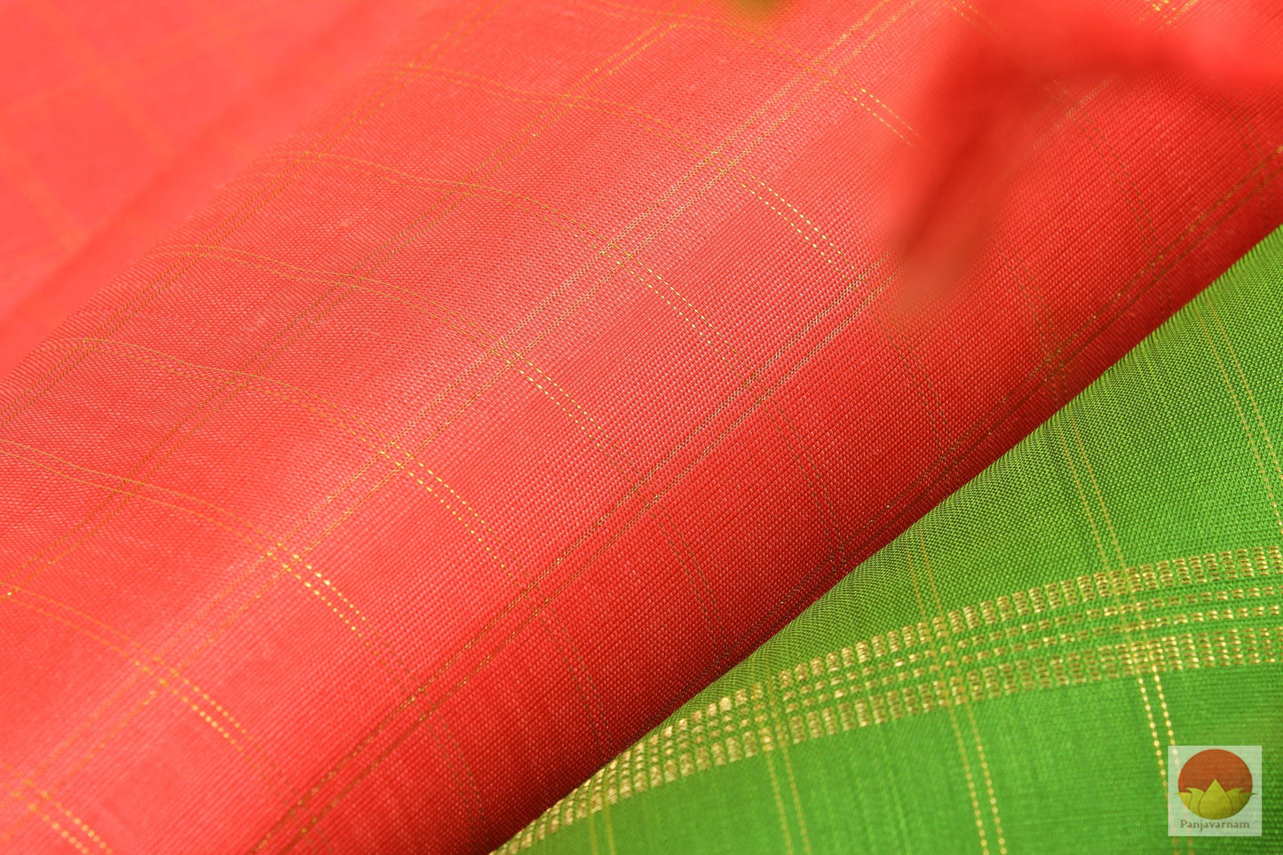 Kanchipuram Silk Saree - Pastel Peach & Green - Borderless Handwoven Pure Silk - Zari Checks - PV G 1984 Archives - Silk Sari - Panjavarnam