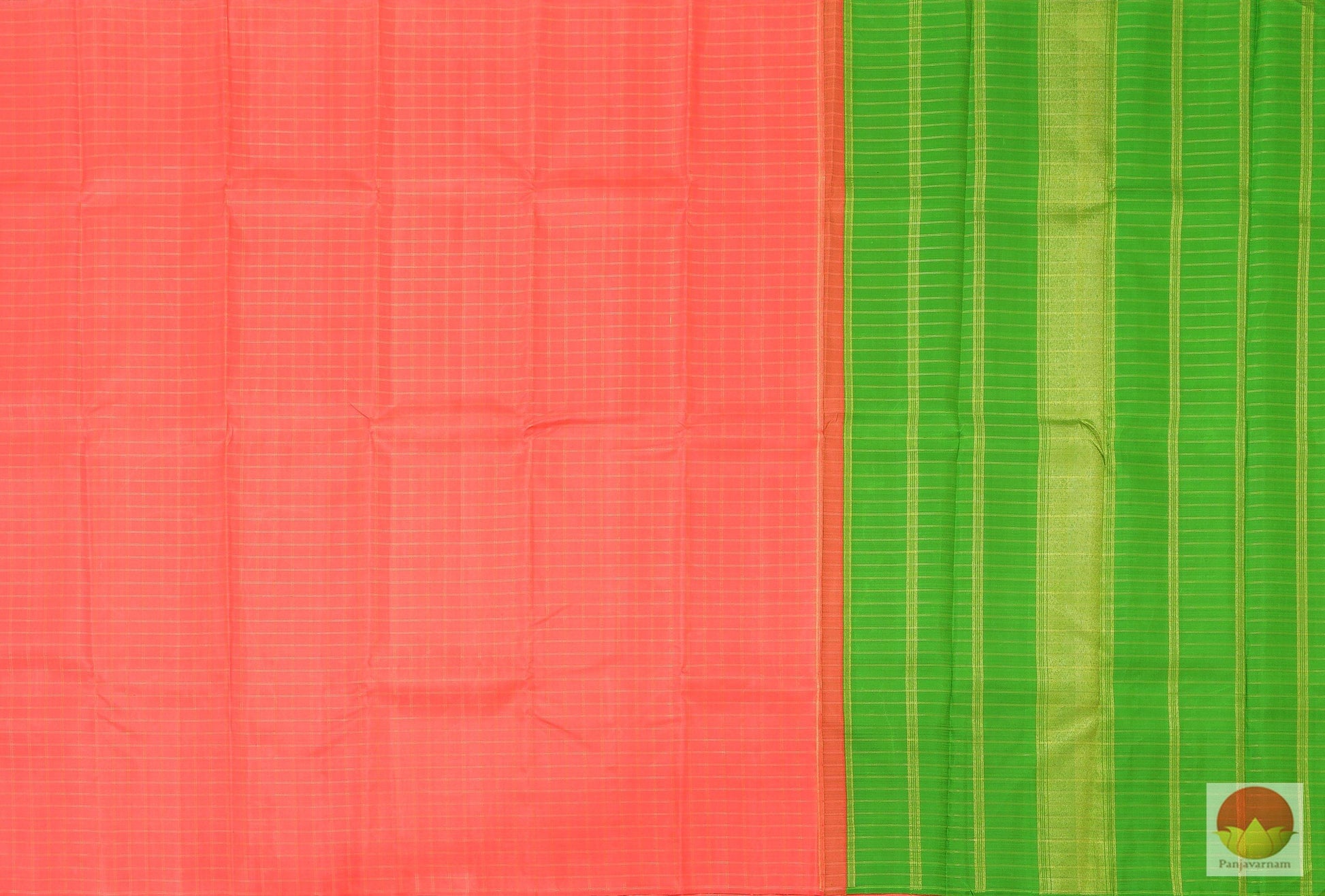 Kanchipuram Silk Saree - Pastel Peach & Green - Borderless Handwoven Pure Silk - Zari Checks - PV G 1984 Archives - Silk Sari - Panjavarnam