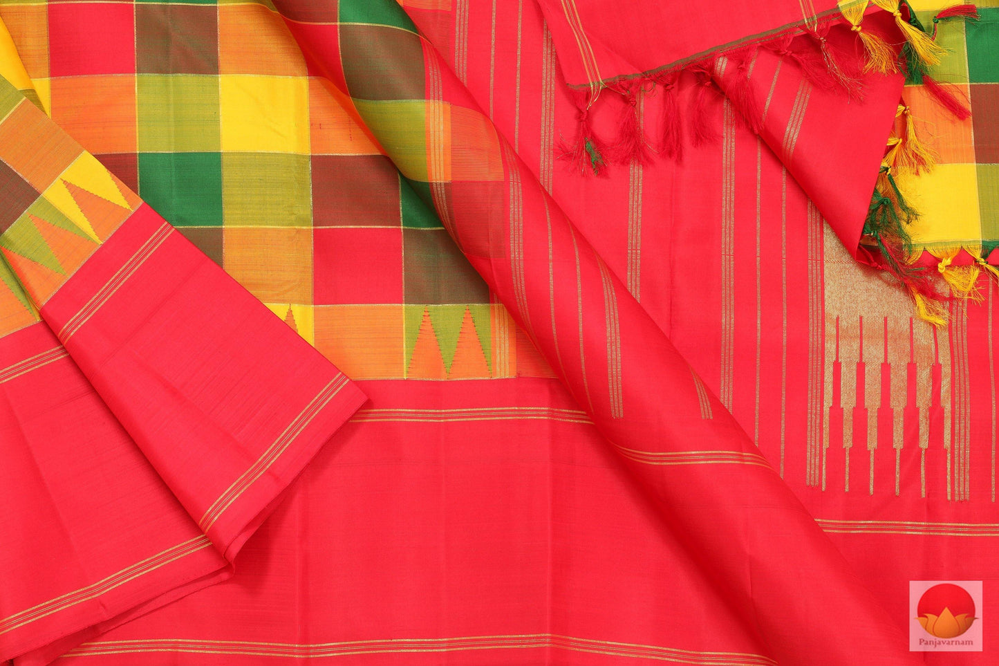 Kanchipuram Silk Saree - Temple Korvai Border - Multicolour Checks - Pure Zari - Pure Silk - PV G 1987 - Archives - Silk Sari - Panjavarnam