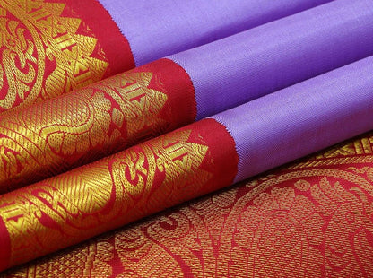 Lavender And Red Kanchipuram Silk Saree Handwoven Pure Silk Pure Zari For Festive Wear PV RA 204 - Silk Sari - Panjavarnam