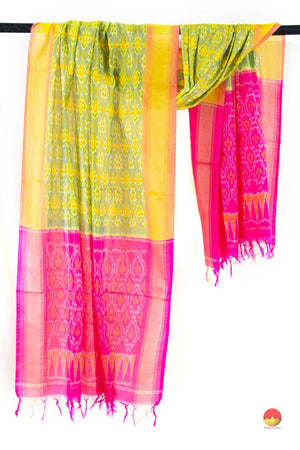 Leaf Green And Pink Pochampally Ikkat Silk Dupatta PVD 1026 - Dupattas - Panjavarnam PVD 1026