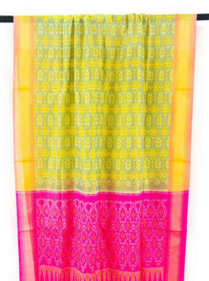 Leaf Green And Pink Pochampally Ikkat Silk Dupatta PVD 1026 - Dupattas - Panjavarnam PVD 1026