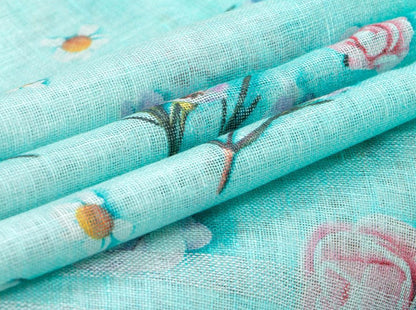 Light Blue Handwoven Linen Saree Digital Print PL 1024 - Linen Sari - Panjavarnam PL 1024