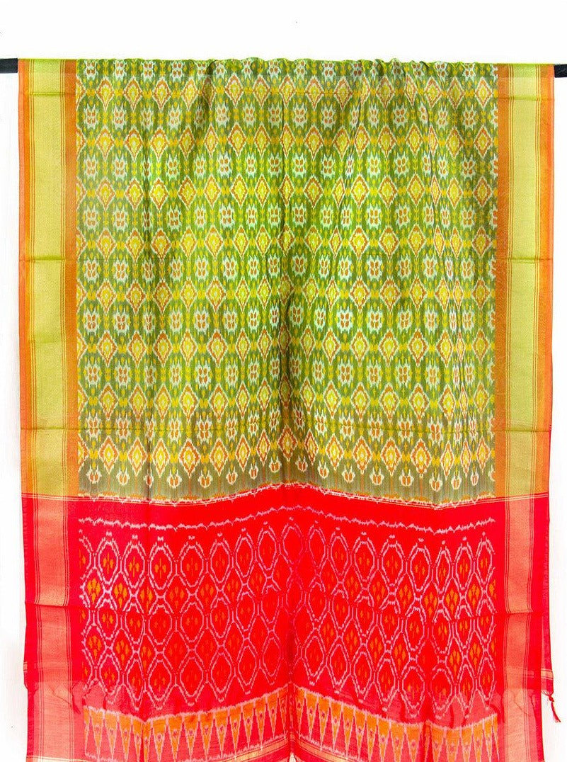 Light Green and Red Pochampally Ikkat Silk Dupatta With Zari Border PVD 1033 - Dupattas - Panjavarnam