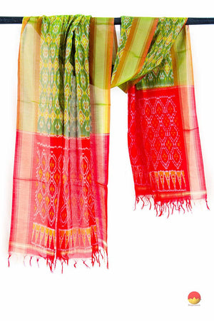 Light Green and Red Pochampally Ikkat Silk Dupatta With Zari Border PVD 1033 - Dupattas - Panjavarnam PVD 1033