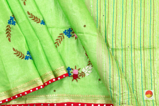 Light Green Handwoven Embroidered Linen Saree - PL 1049 - Linen Sari - Panjavarnam