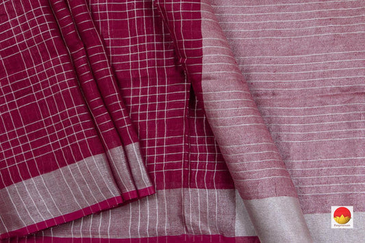 Magenta Pure Linen Saree With Silver Zari Border Handwoven For Office Wear PL 1088 - Saris & Lehengas - Panjavarnam