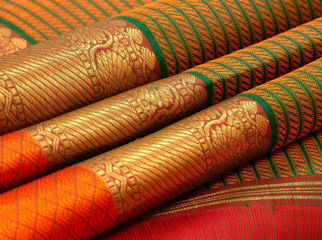 Manthulir Green And Orange Kanchipuram Silk Saree Handwoven Pure Silk Pure Zari For Wedding Wear PV NYC 05 - Silk Sari - Panjavarnam