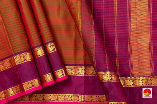 Manthulir Green Kanchipuram Silk Saree With Stripes Handwoven Pure Silk Pure Zari PV J 6329 - Silk Sari - Panjavarnam