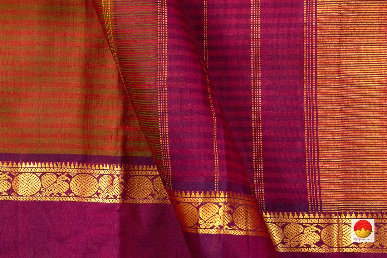 Manthulir Green Kanchipuram Silk Saree With Stripes Handwoven Pure Silk Pure Zari PV J 6329 - Silk Sari - Panjavarnam