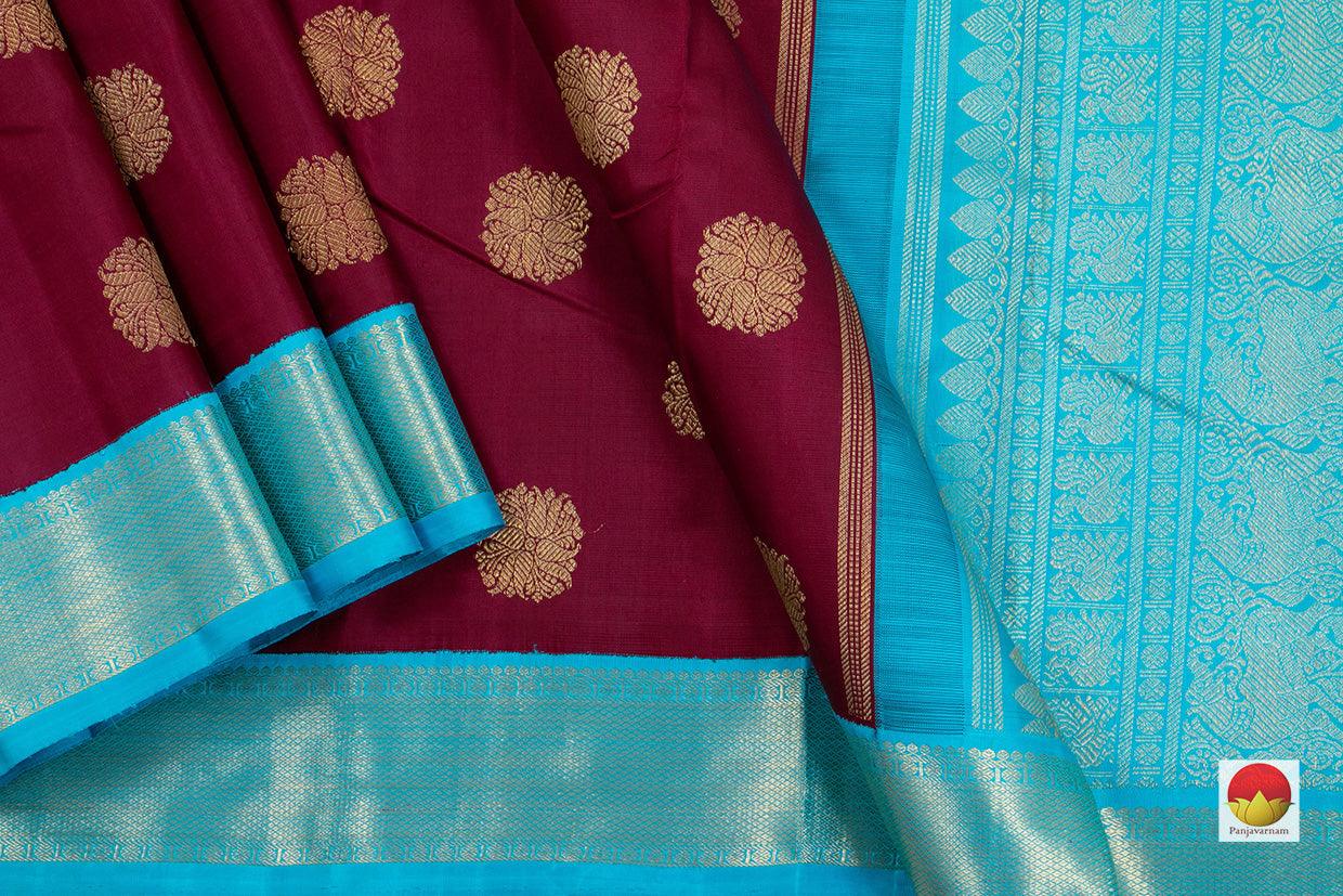 Maroon And Anandha Blue Kanchipuram Silk Saree Handwoven Pure Silk Pure Zari For Wedding WearPV NYC 189 - Silk Sari - Panjavarnam PV NYC 189