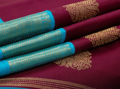 Maroon And Anandha Blue Kanchipuram Silk Saree Handwoven Pure Silk Pure Zari For Wedding WearPV NYC 189 - Silk Sari - Panjavarnam PV NYC 189