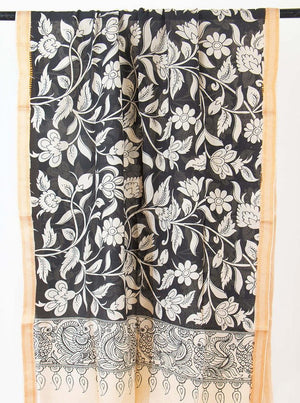 Monochrome Handpainted Kalamkari Mangalgiri Dupatta PVD 1020 - Dupattas - Panjavarnam PVD 1020