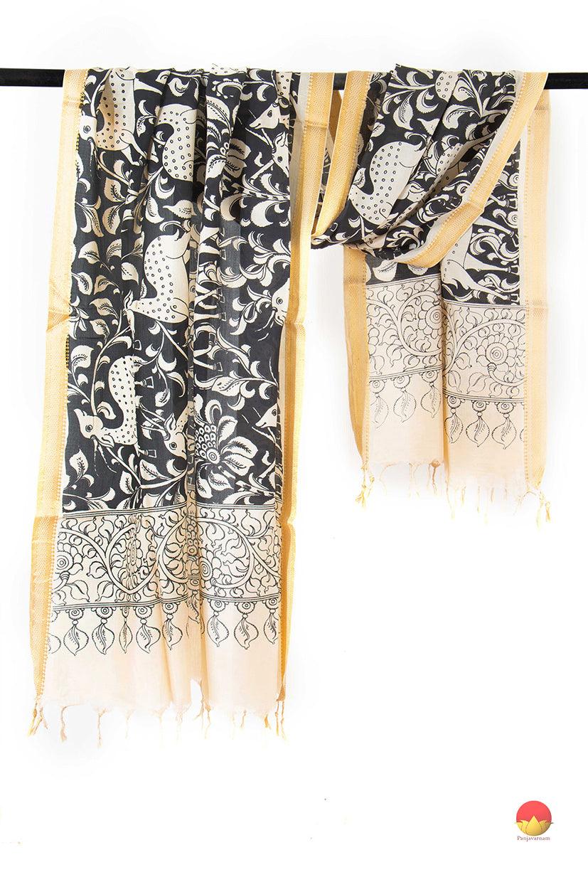 Monochrome Handpainted Kalamkari Mangalgiri Dupatta With Zari Border PVD 1034 - Dupattas - Panjavarnam PVD 1034