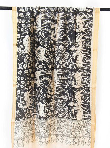 Monochrome Handpainted Kalamkari Mangalgiri Dupatta With Zari Border PVD 1034 - Dupattas - Panjavarnam PVD 1034