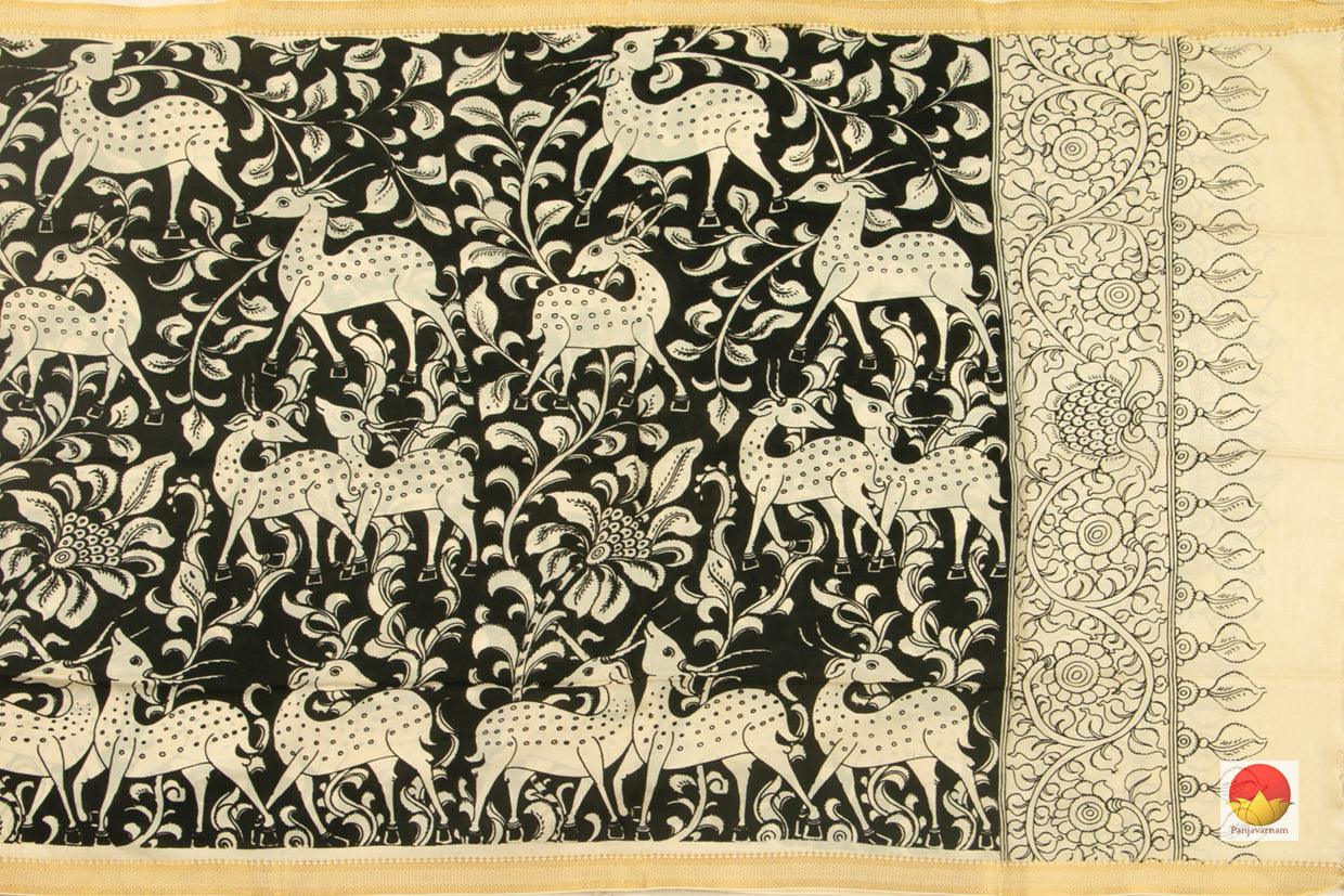 Monochrome Handpainted Kalamkari Mangalgiri Dupatta With Zari Border PVD 1034 - Dupattas - Panjavarnam PVD 1034