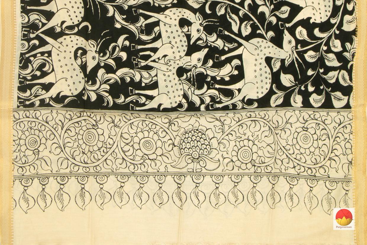 Monochrome Handpainted Kalamkari Mangalgiri Dupatta With Zari Border PVD 1034 - Dupattas - Panjavarnam PVD 1034