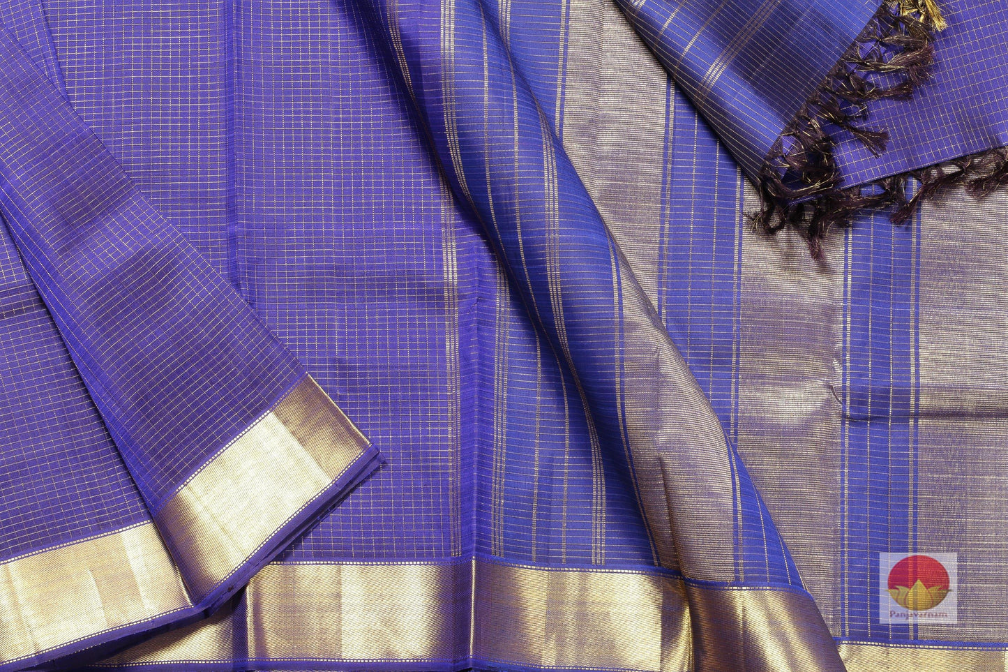 MS Blue Zari Checks - Light Weight Handwoven Pure Silk Kanjivaram Saree - PV VA 3 Archives - Silk Sari - Panjavarnam