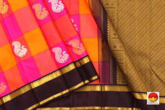 Multi Coloured Checks Kanchipuram Silk Saree Handwoven Pure Silk Pure Zari For Festive Wear PV G 4275 - Silk Sari - Panjavarnam