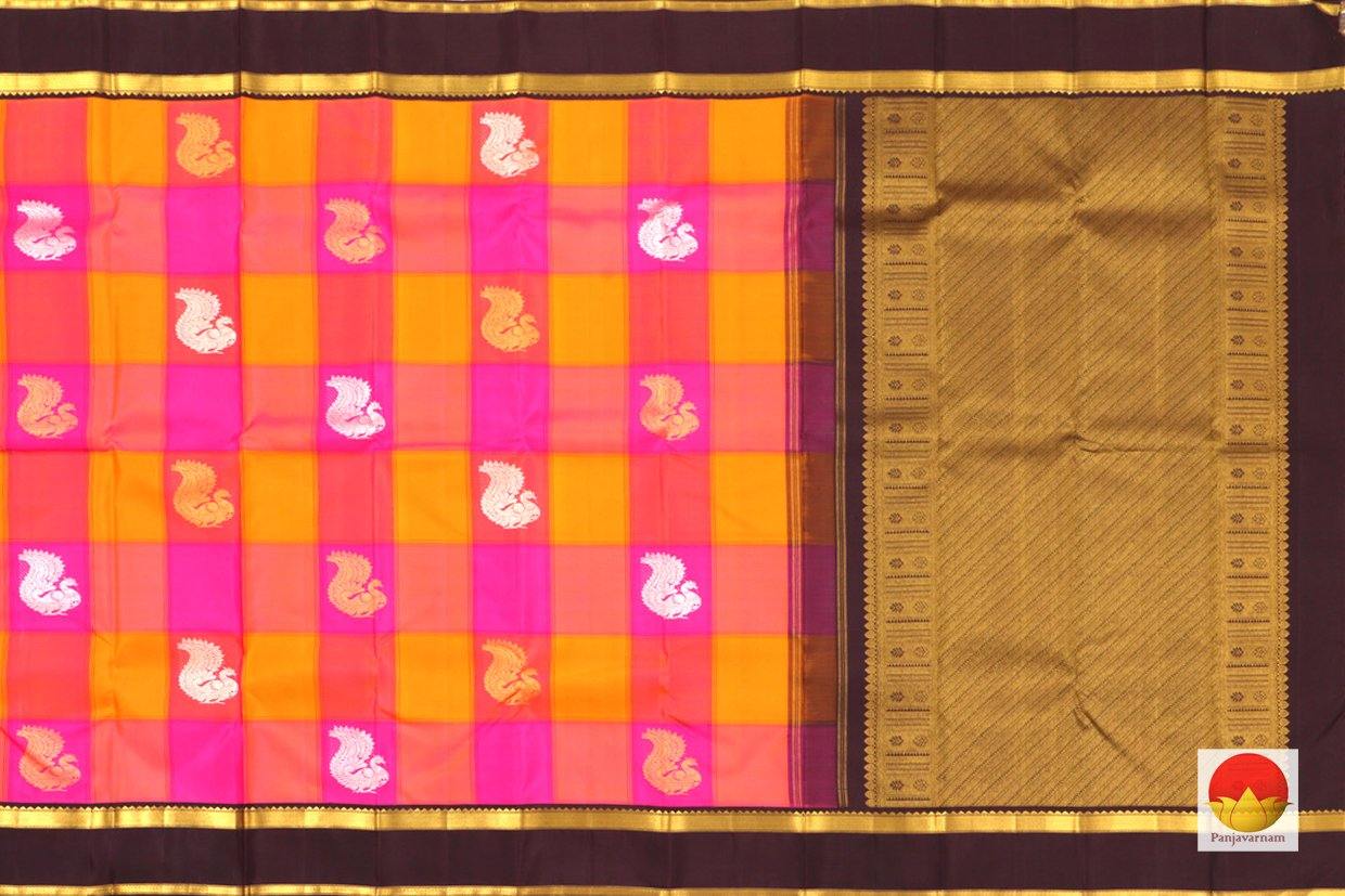 Multi Coloured Checks Kanchipuram Silk Saree Handwoven Pure Silk Pure Zari For Festive Wear PV G 4275 - Silk Sari - Panjavarnam PV G 4275