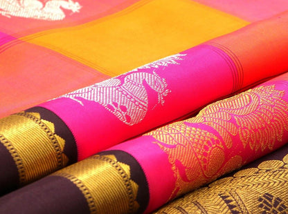 Multi Coloured Checks Kanchipuram Silk Saree Handwoven Pure Silk Pure Zari For Festive Wear PV G 4275 - Silk Sari - Panjavarnam PV G 4275