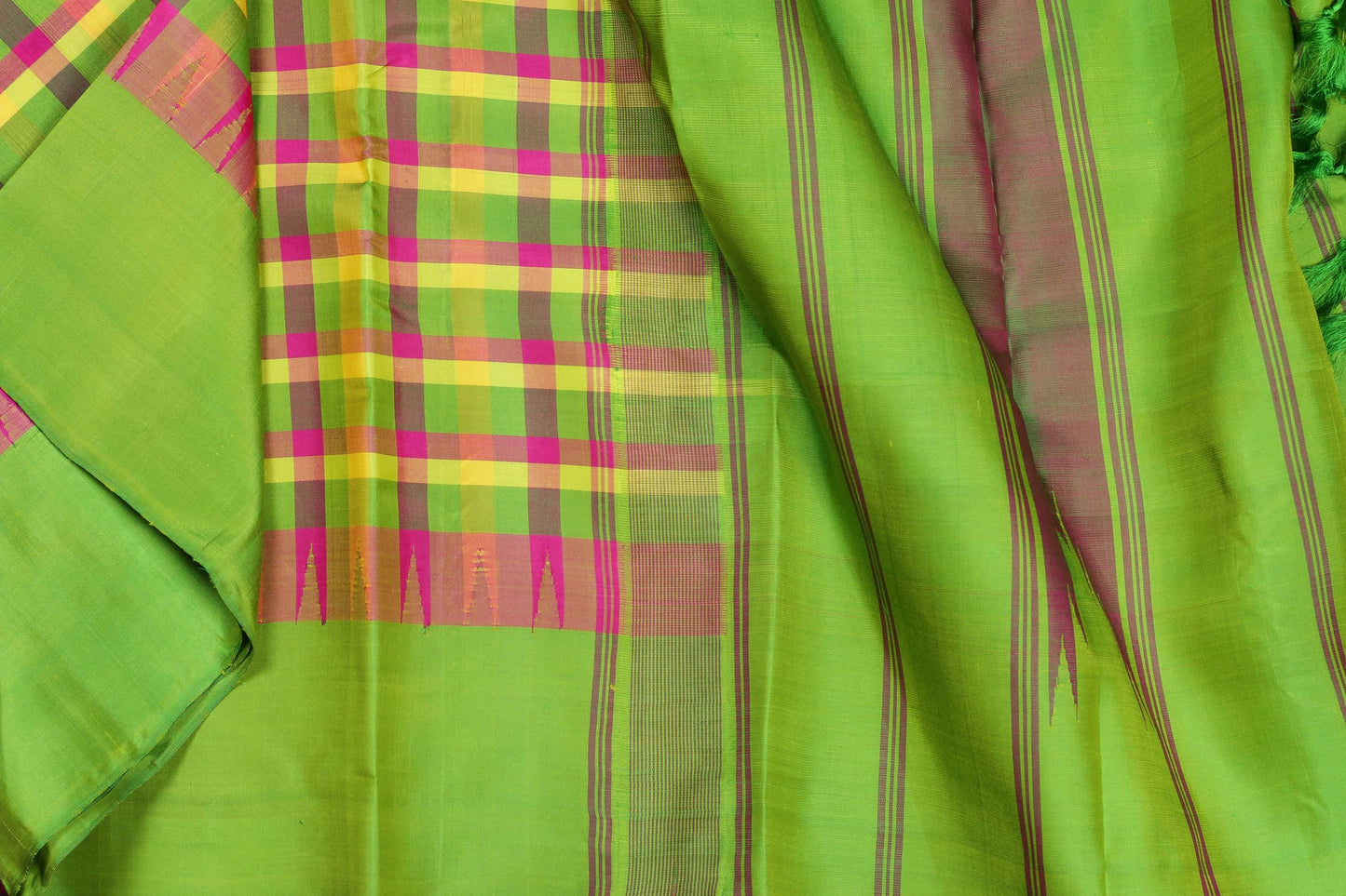 Multicolour Checks Handwoven Kanjivaram Pure Silk Saree - Temple Border - PVA 0418 1223 - Silk Sari - Panjavarnam