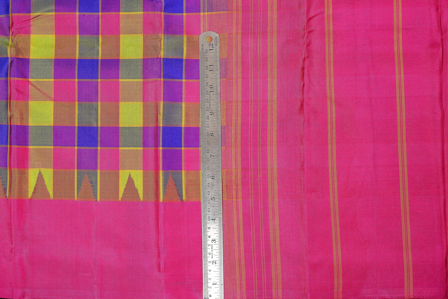 Multicolour Checks Handwoven Kanjivaram Pure Silk Saree - Temple Border - PVA 0418 1230 - Silk Sari - Panjavarnam