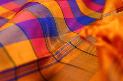 Multicolour Checks Handwoven Kanjivaram Pure Silk Saree - Temple Border - PVA 0418 1241 - Silk Sari - Panjavarnam