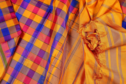 Multicolour Checks Handwoven Kanjivaram Pure Silk Saree - Temple Border - PVA 0418 1241 - Silk Sari - Panjavarnam