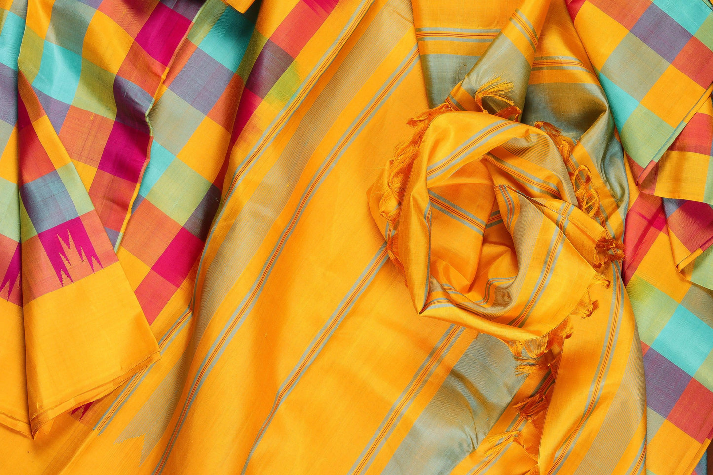 Multicolour Checks Kanjivaram Pure Silk Saree - Temple Border - PVM 0318 1243 - Silk Sari - Panjavarnam