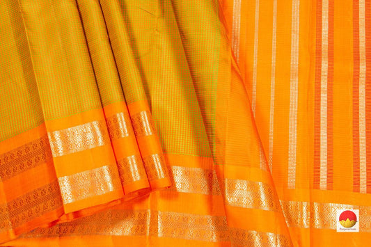Mustard And Green Kanchipuram Silk Saree Khasa Khasa Checks Handwoven Pure Silk Pure Zari PV NYC 247 - Silk Sari - Panjavarnam
