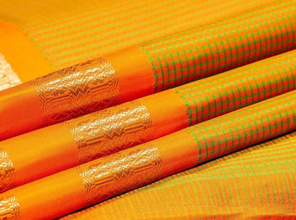Mustard And Green Kanchipuram Silk Saree Khasa Khasa Checks Handwoven Pure Silk Pure Zari PV NYC 247 - Silk Sari - Panjavarnam PV NYC 247