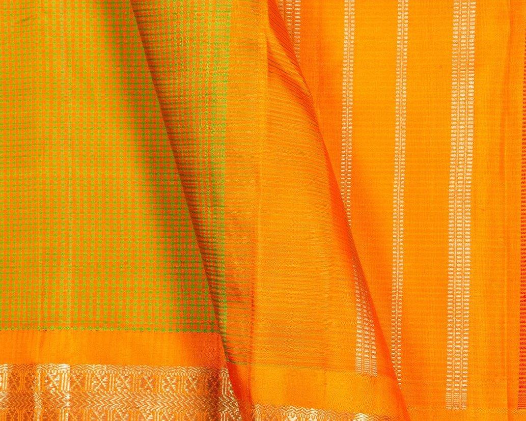 Mustard And Green Kanchipuram Silk Saree Khasa Khasa Checks Handwoven Pure Silk Pure Zari PV NYC 247 - Silk Sari - Panjavarnam PV NYC 247