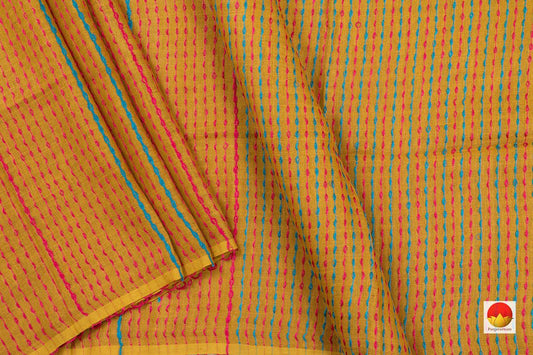 Mustard Yellow Pure Linen Saree With Embroidery For Office Wear PL 1073 - Linen Sari - Panjavarnam