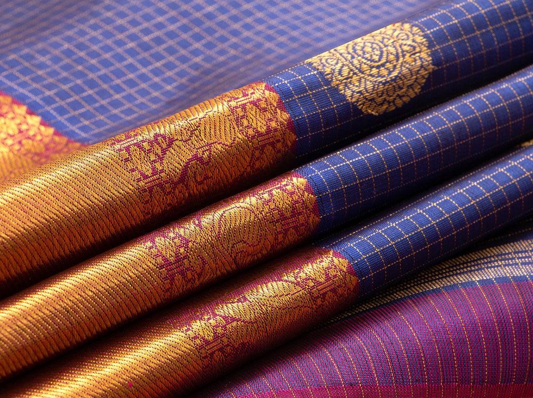 Navy Blue And Magenta Kanchipuram Silk Saree Handwoven Pure Silk Pure Zari For Wedding Wear PV GTA 13 - Silk Sari - Panjavarnam PV GTA 13