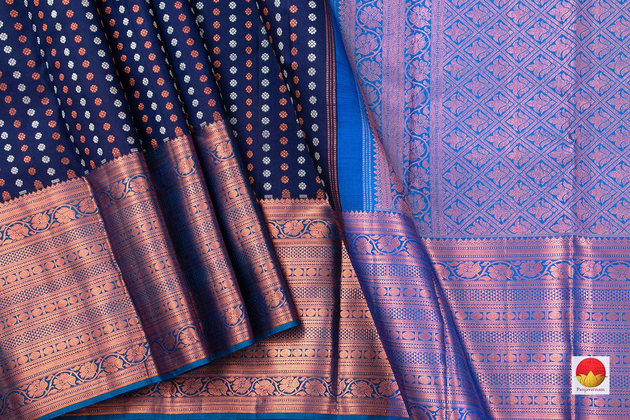 Navy Blue Kanchipuram Silk Saree Handwoven Pure Silk Pure Zari For Festive Wear PV NYC 457 - Silk Sari - Panjavarnam