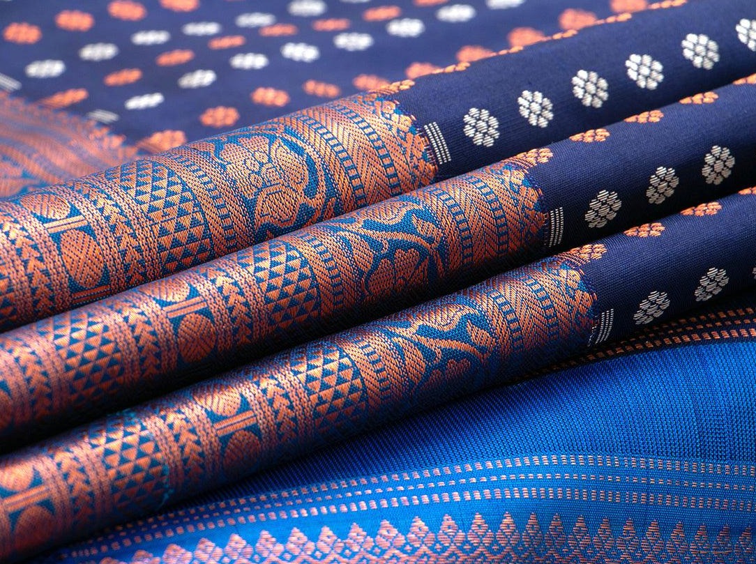 Navy Blue Kanchipuram Silk Saree Handwoven Pure Silk Pure Zari For Festive Wear PV NYC 457 - Silk Sari - Panjavarnam PV NYC 457