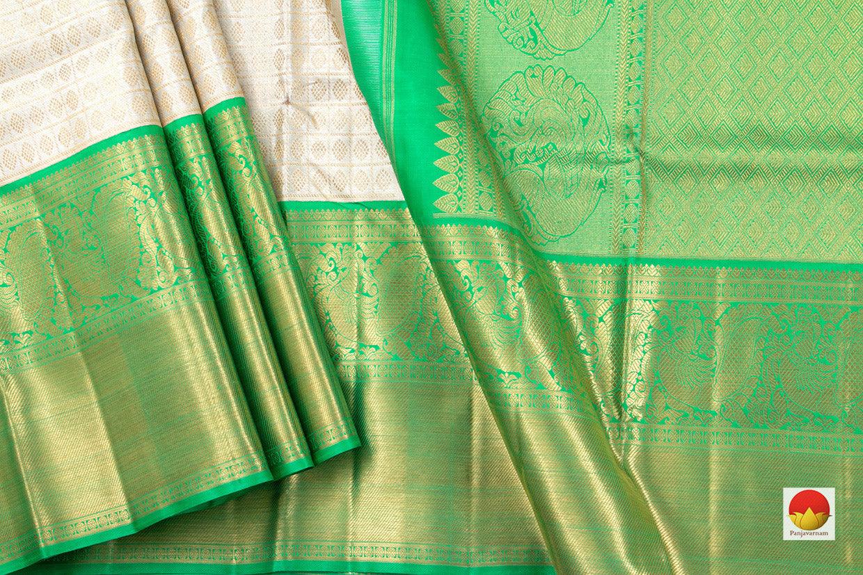 Off White And Green Kanchipuram Silk Saree Handwoven Pure Silk Pure Zari For Wedding Wear PV NYC 495 - Silk Sari - Panjavarnam