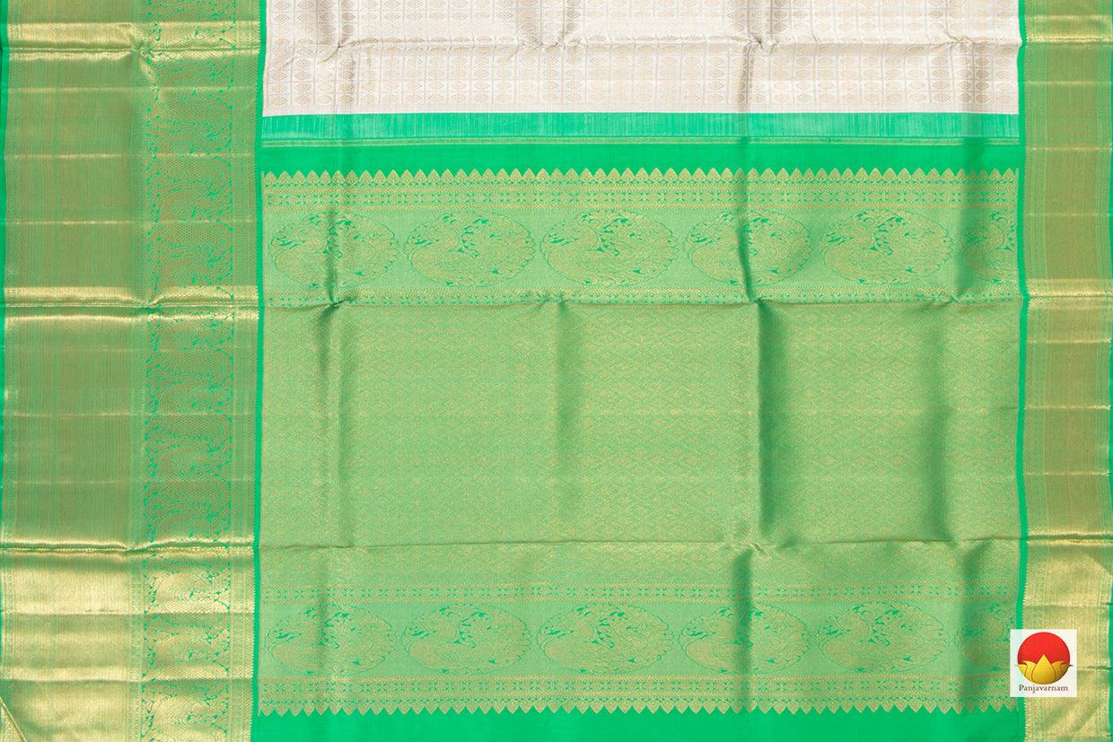 Off White And Green Kanchipuram Silk Saree Handwoven Pure Silk Pure Zari For Wedding Wear PV NYC 495 - Silk Sari - Panjavarnam