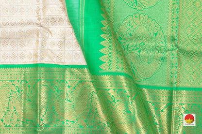 Off White And Green Kanchipuram Silk Saree Handwoven Pure Silk Pure Zari For Wedding Wear PV NYC 495 - Silk Sari - Panjavarnam PV NYC 495