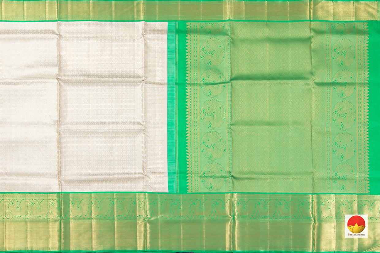 Off White And Green Kanchipuram Silk Saree Handwoven Pure Silk Pure Zari For Wedding Wear PV NYC 495 - Silk Sari - Panjavarnam PV NYC 495