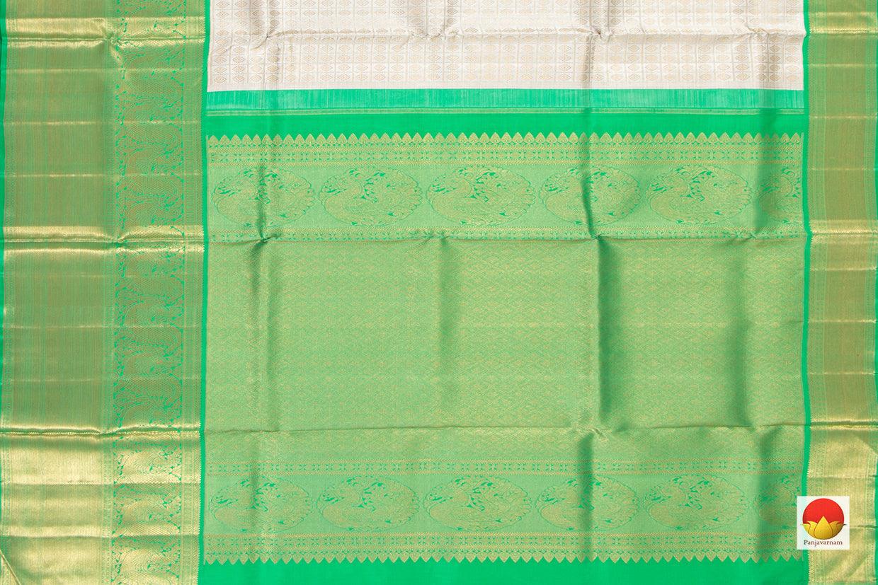 Off White And Green Kanchipuram Silk Saree Handwoven Pure Silk Pure Zari For Wedding Wear PV NYC 495 - Silk Sari - Panjavarnam PV NYC 495