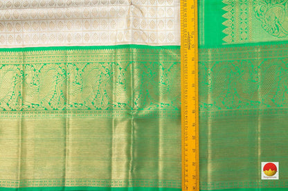 Off White And Green Kanchipuram Silk Saree Handwoven Pure Silk Pure Zari For Wedding Wear PV NYC 495 - Silk Sari - Panjavarnam PV NYC 495