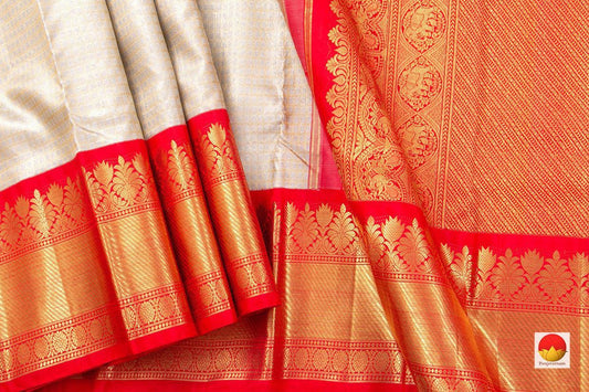 Off White And Red Kanchipuram Silk Saree Handwoven Pure Silk Pure Zari For Wedding Wear NYC 454 - Saris & Lehengas - Panjavarnam pv nyc 454