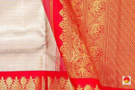 Off White And Red Kanchipuram Silk Saree Handwoven Pure Silk Pure Zari For Wedding Wear NYC 454 - Saris & Lehengas - Panjavarnam pv nyc 454