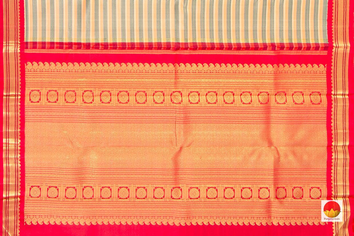 Off White And Red Kanchipuram Silk Saree With Thandavalam Stripes Handwoven Pure Silk Pure Zari For Festive Wear PV NYC 428 - Silk Sari - Panjavarnam