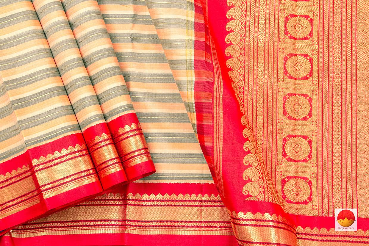 Off White And Red Kanchipuram Silk Saree With Thandavalam Stripes Handwoven Pure Silk Pure Zari For Festive Wear PV NYC 428 - Silk Sari - Panjavarnam PV NYC 428