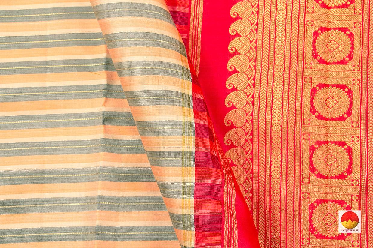 Off White And Red Kanchipuram Silk Saree With Thandavalam Stripes Handwoven Pure Silk Pure Zari For Festive Wear PV NYC 428 - Silk Sari - Panjavarnam PV NYC 428