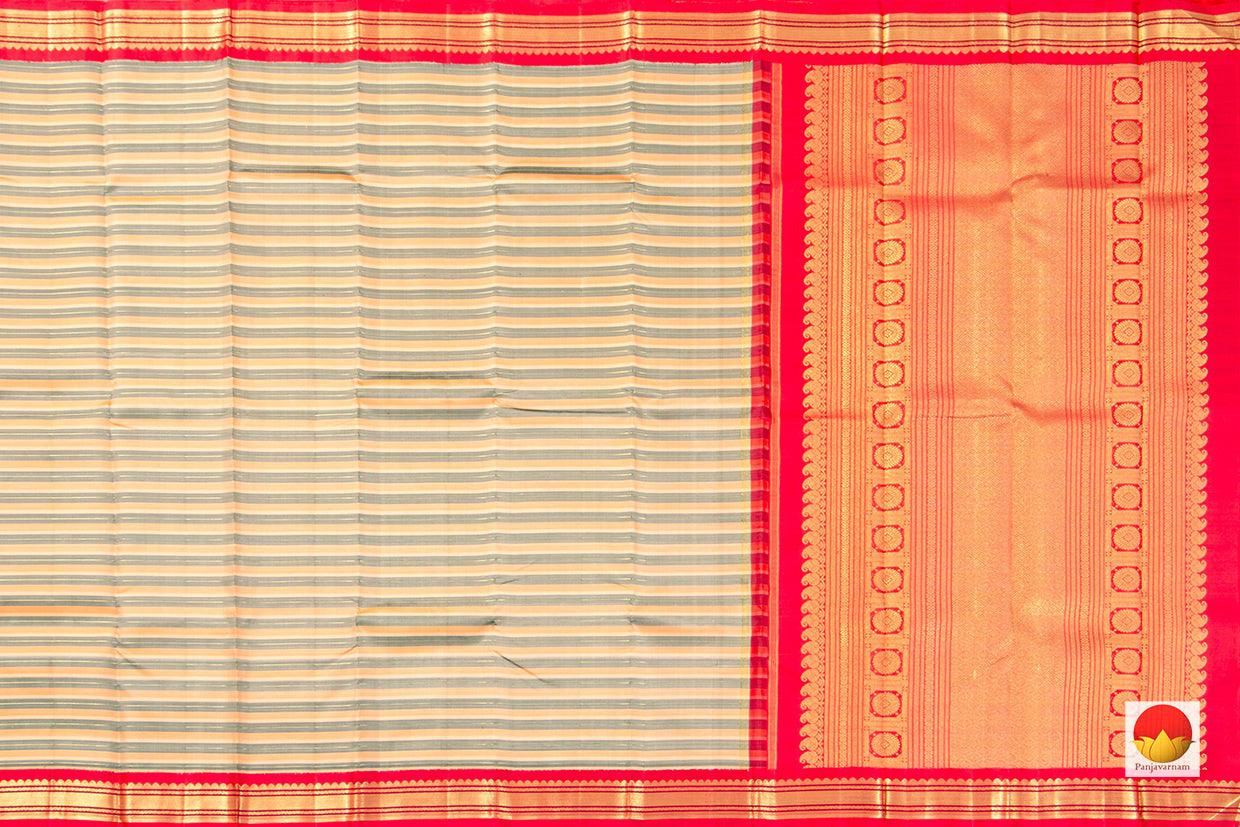 Off White And Red Kanchipuram Silk Saree With Thandavalam Stripes Handwoven Pure Silk Pure Zari For Festive Wear PV NYC 428 - Silk Sari - Panjavarnam PV NYC 428